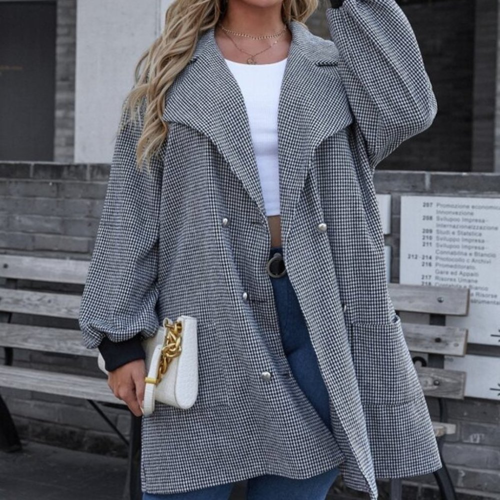 Plus Houndstooth Print Lantern Sleeve Double Breas